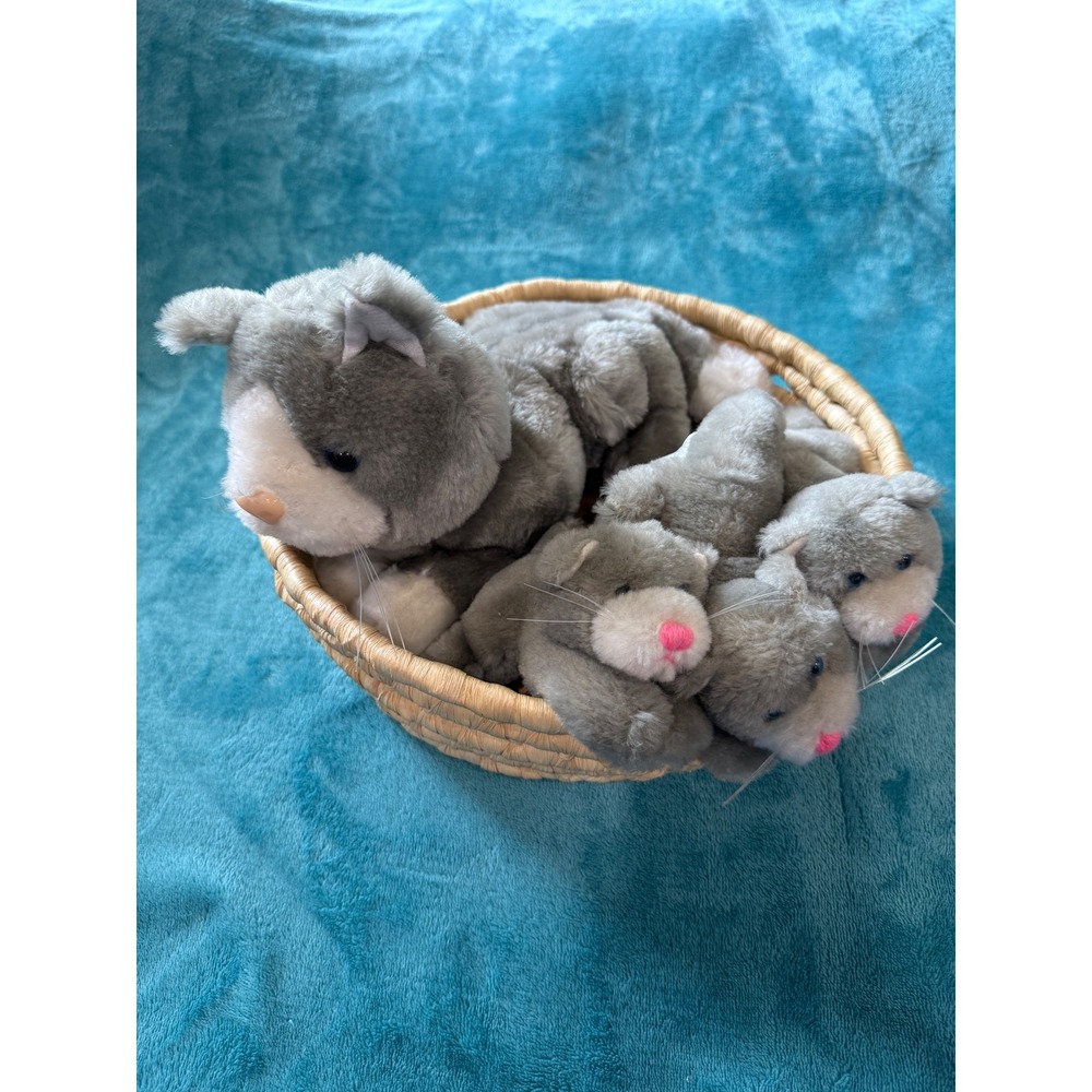 Vintage Best Made Toys Gray Cat and 3 Kittens Plush Set in Woven Basket